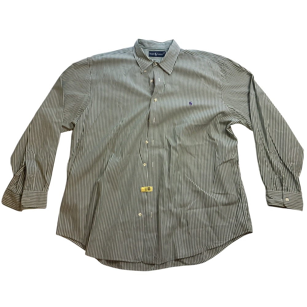 Ralph Lauren Mens 1X Big Green White Striped Button Down Shirt Long Sleeve Pony